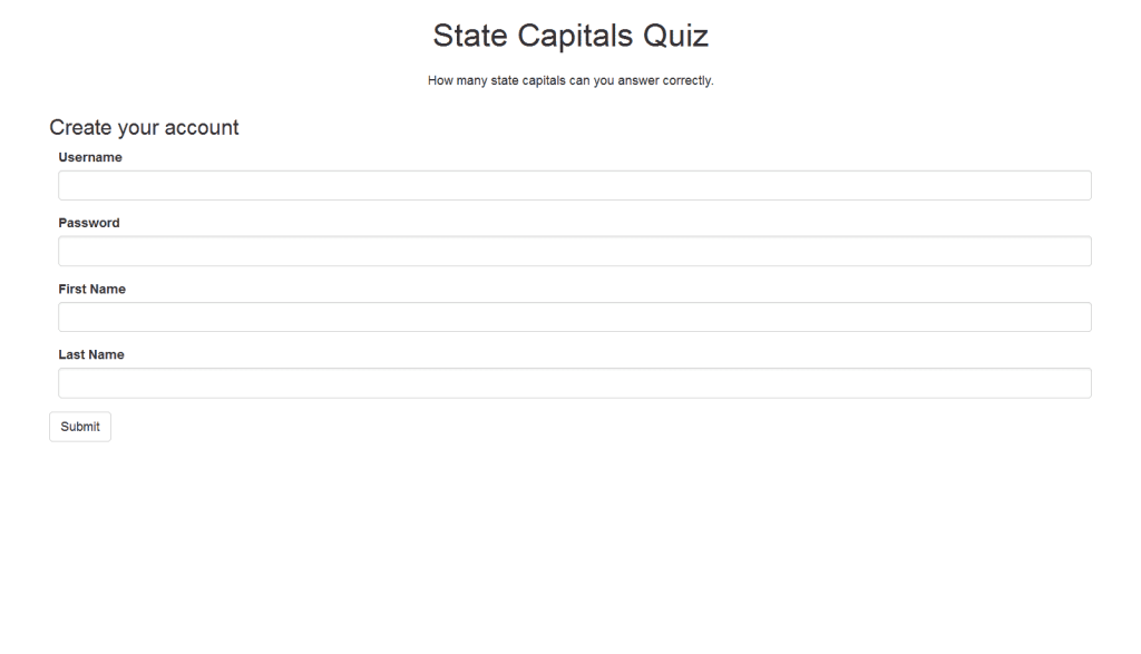 the account creation page for the state captial quiz
