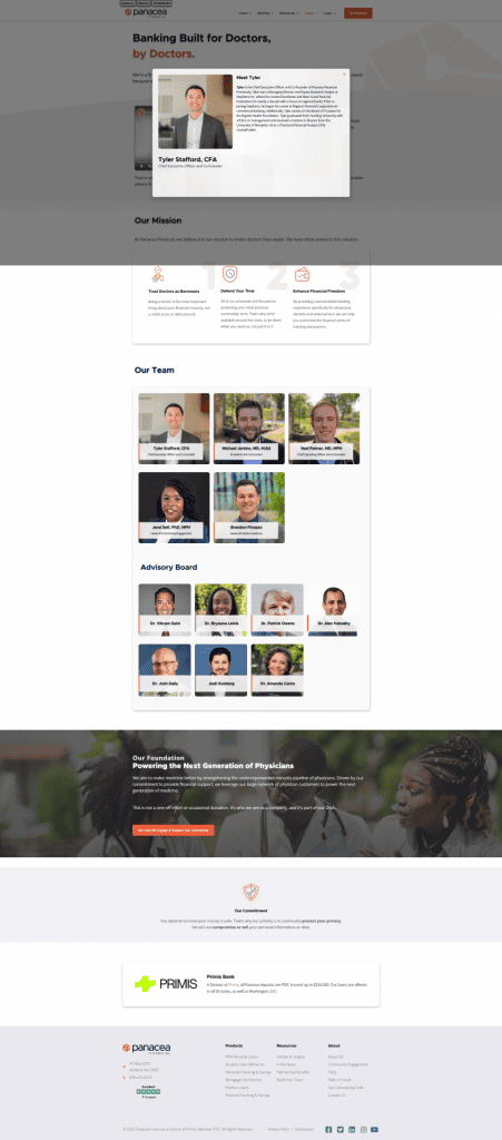 Team Member Popup on About Page of Panacea Financial
